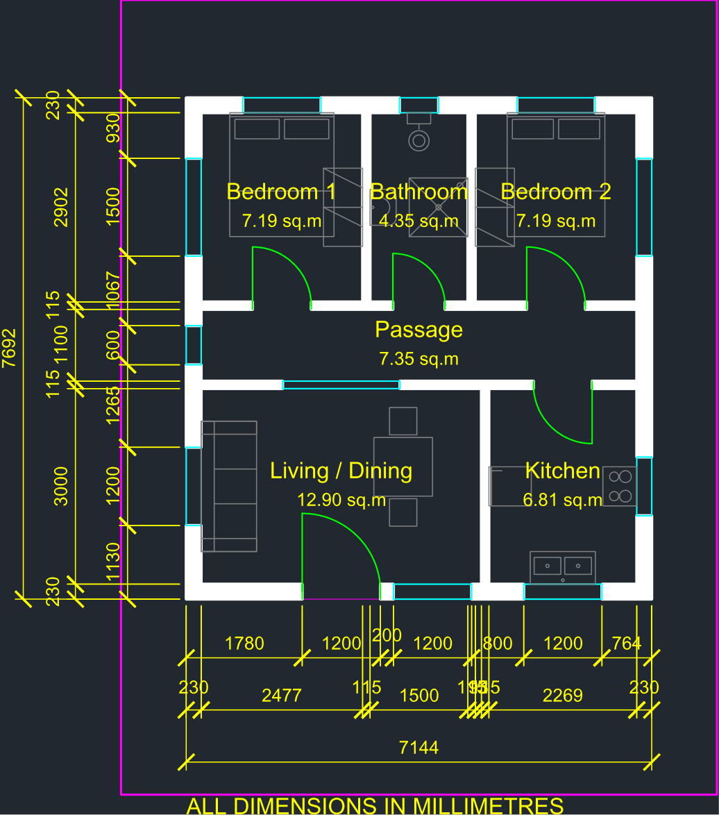 A Naksha-compiled 2BHK floor plan: two bedrooms with beds and wardrobes, a bathroom, a living-dining room, a kitchen and a passage — with dimension chains in millimetres, door swings and window openings.